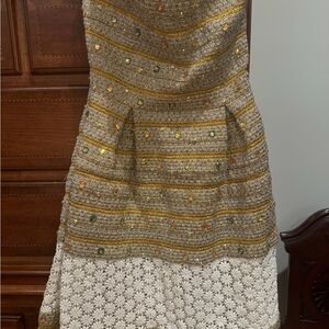 Manoush gold Cream lace strapples dress with Coral Tag and Bead Accent